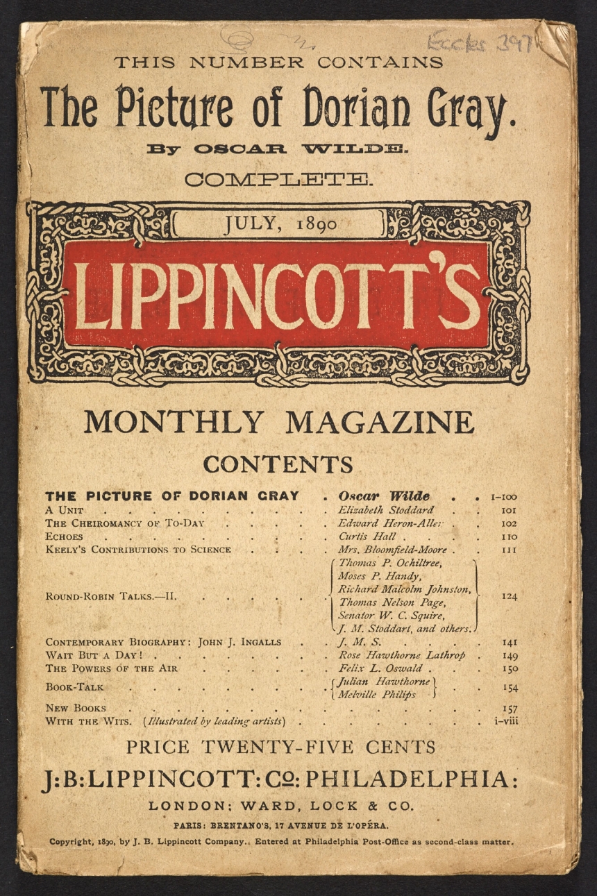 Front cover of Lippincott’s Magazine publication of The Picture of Dorian Gray, Oscar Wilde’s only novel, July 1890 (c) British Library Board 