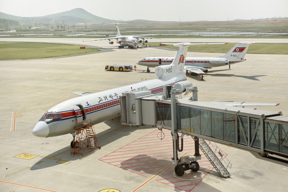A Tarmac overview with Toplev-154, Tupolev-134 and a Ilyushin 76 transport plane at Sunan International Airport Pyongyang