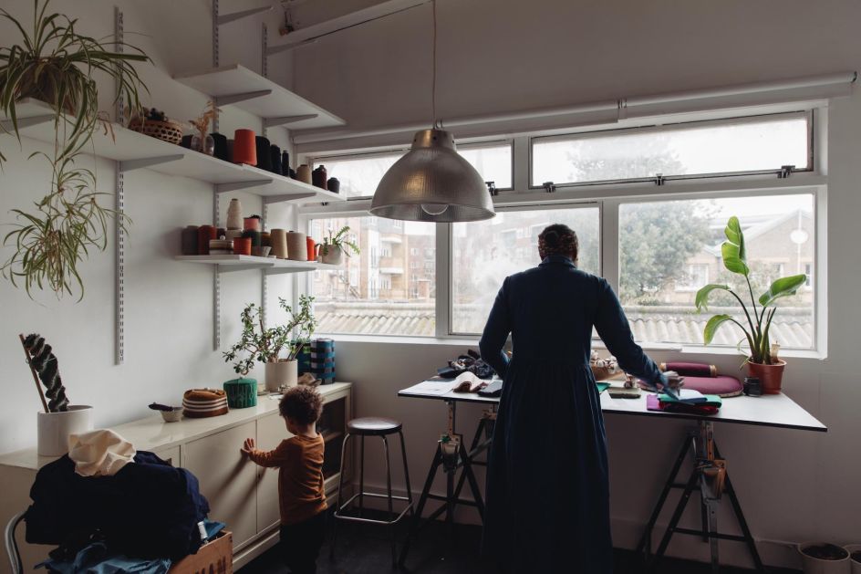 Textile designer Yemi Awosile with her son Ezra shot at her East London studio