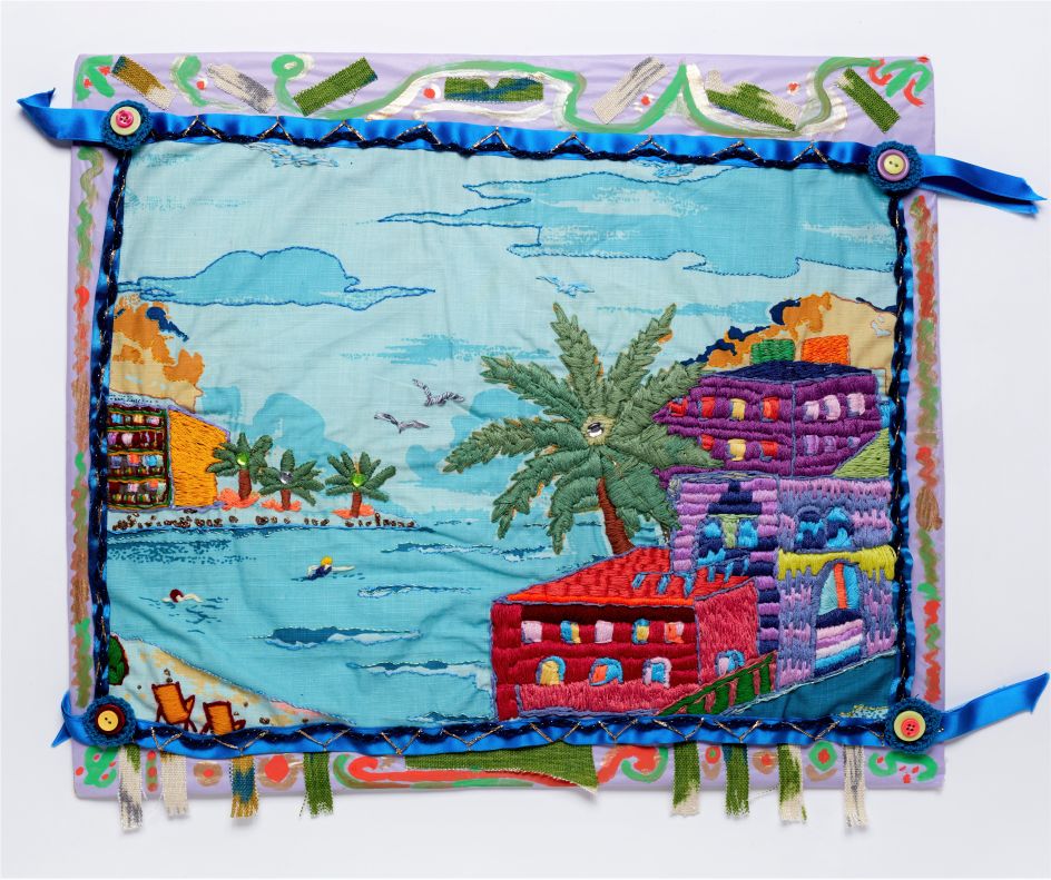 St. Tropez Beach, HM Prison Bronzefield, Needlecraft,  beads, buttons, cardboard, fabric, ribbons, thread, tissue paper and woo