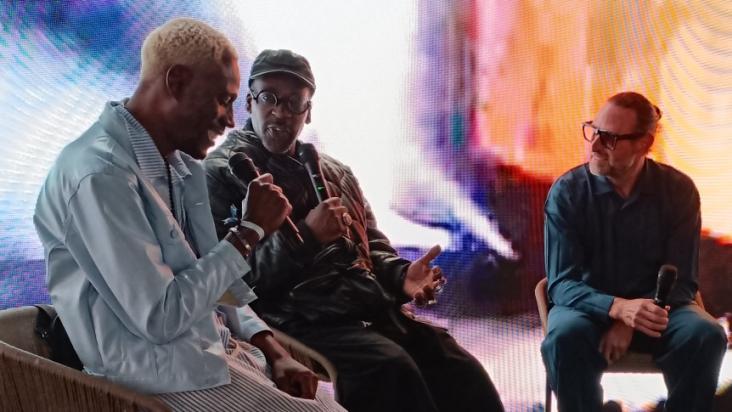 Panel talk at Hi Ibiza digital gallery. Left to right: Tafari Hinds from Red Eye Media, Remi Kabaka Jnr from Gorillaz and Mark Dale Founder of W1 Curates