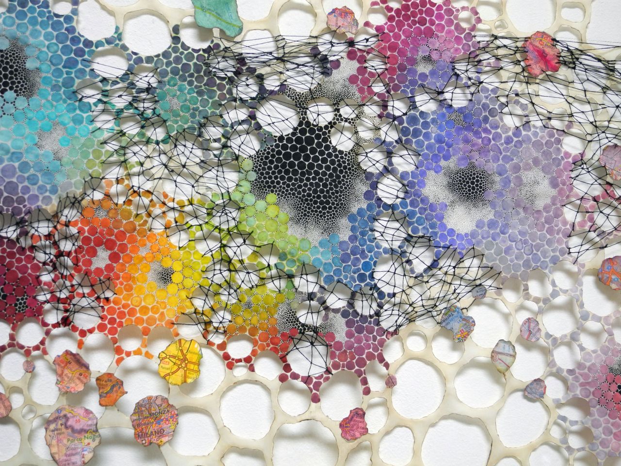 wned Shift Karen Margolis Redshift, 2017 watercolor, gouache, maps, thread on Abaca paper 24 x 54” Courtesy of the artist and Garis & Hahn