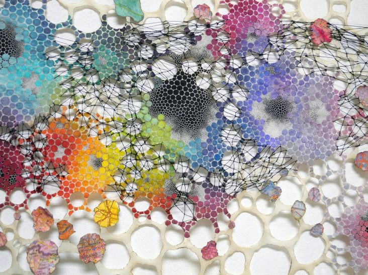 wned Shift Karen Margolis Redshift, 2017 watercolor, gouache, maps, thread on Abaca paper 24 x 54” Courtesy of the artist and Garis & Hahn