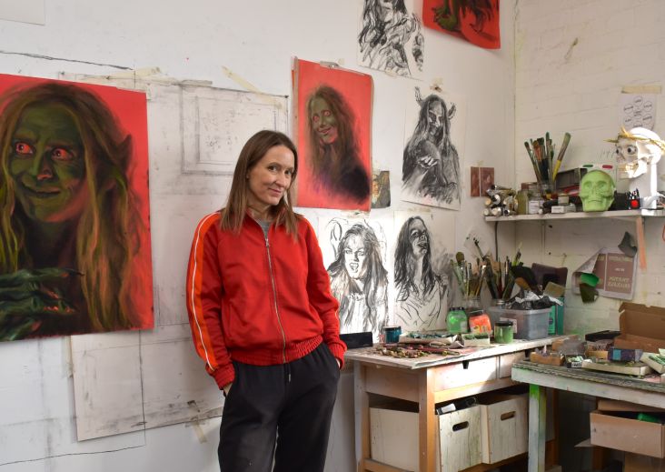 Rebecca Parkin surrounded by her monstrous women.All photos courtesy of David Bebber.