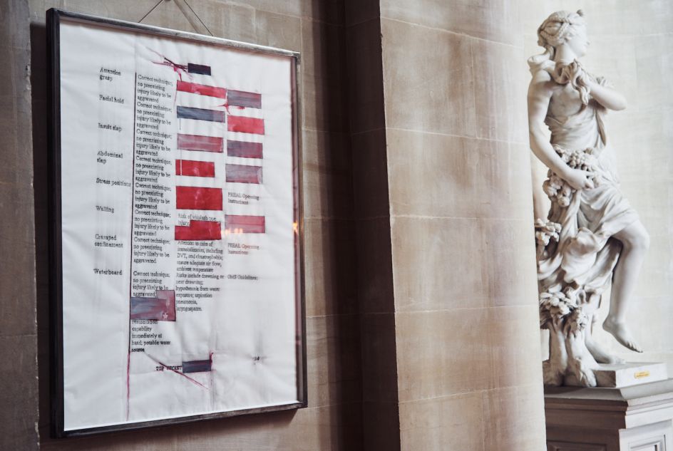 Attention grasp , 2017. U.S. government document SOFTER: Jenny Holzer at Blenheim Palace , Blenheim Palace, Woodstock, UK, 2017 © 2017 Jenny Holzer, member Artists Rights Society (ARS), NY Photo: Edd Horder