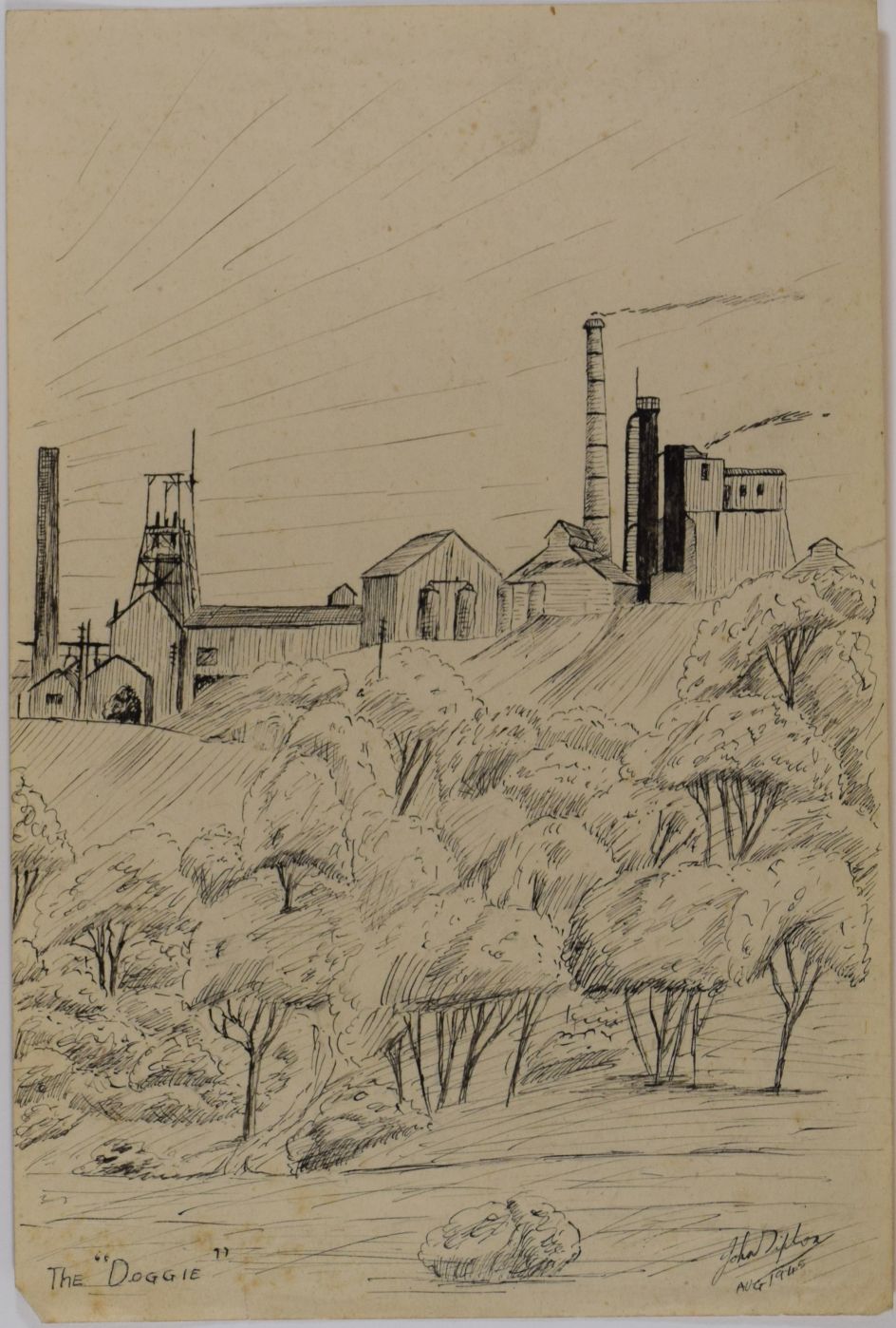 John Tipton. Doggie. 1945. Pen and ink on paper. Photograph: Richard Hawkes. Copyright: The artist’s niece. Courtesy of The Auckland Project.