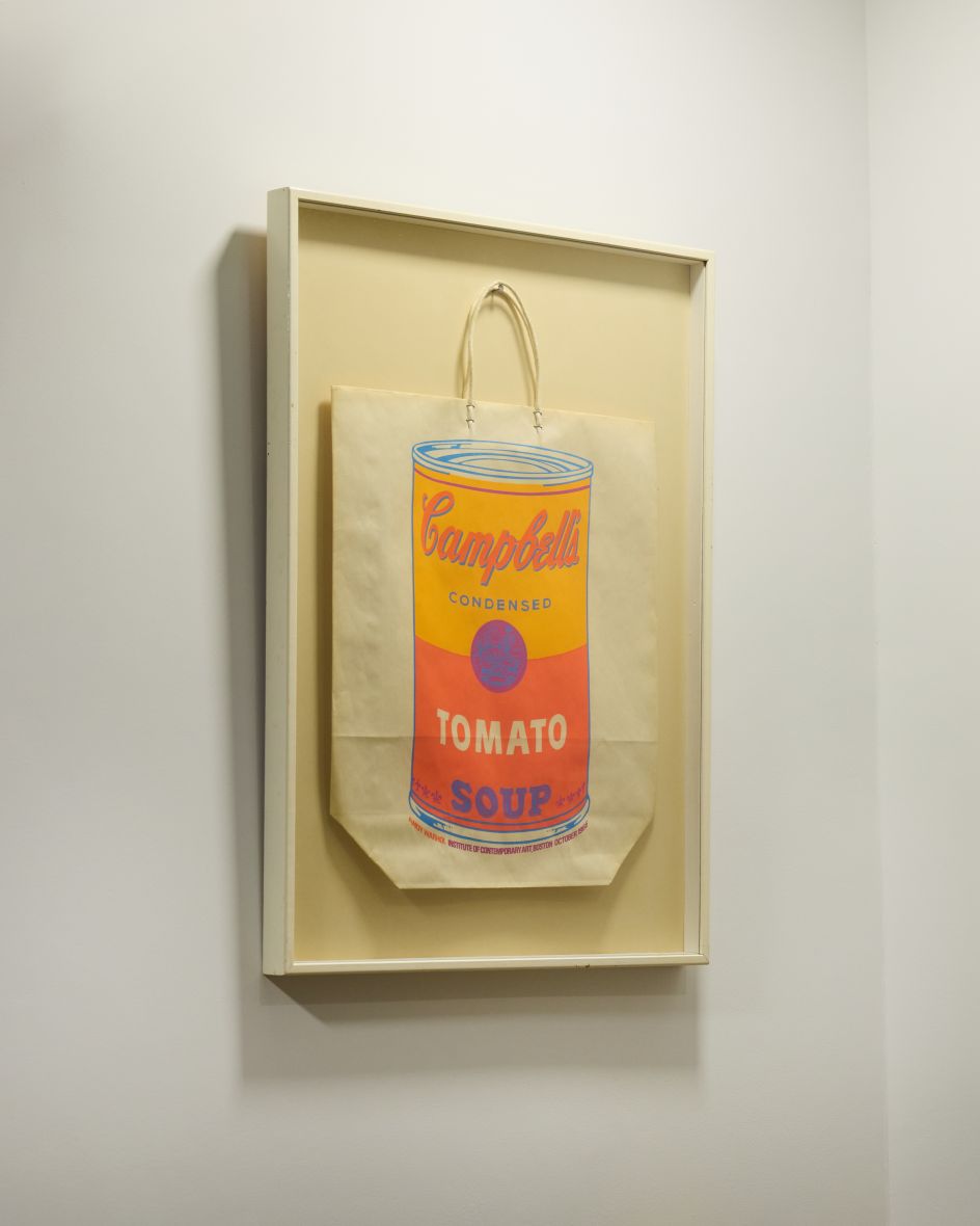 Andy Warhol, Campbell's Soup Can (Tomato), Screenprint in colours on a paper bag, 1966. This artwork is on show at Halcyon Gallery.