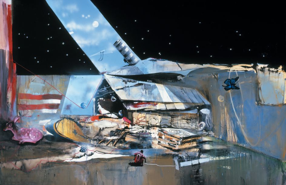 © Marcus Jansen Obscure Line Between Fact and Fiction, 2010, Oil enamel, mixed media, collage on canvas, Image courtesy of the artist ©2019 Marcus Antonius Jansen/Artists Rights Society (ARS), New York