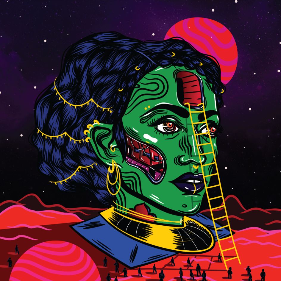 Space Heads, 2018 – Futuristic sci-fi speculative fiction inspired by South Indian motifs, mythologies and elaborate Tamilian temple architecture  © Osheen Siva