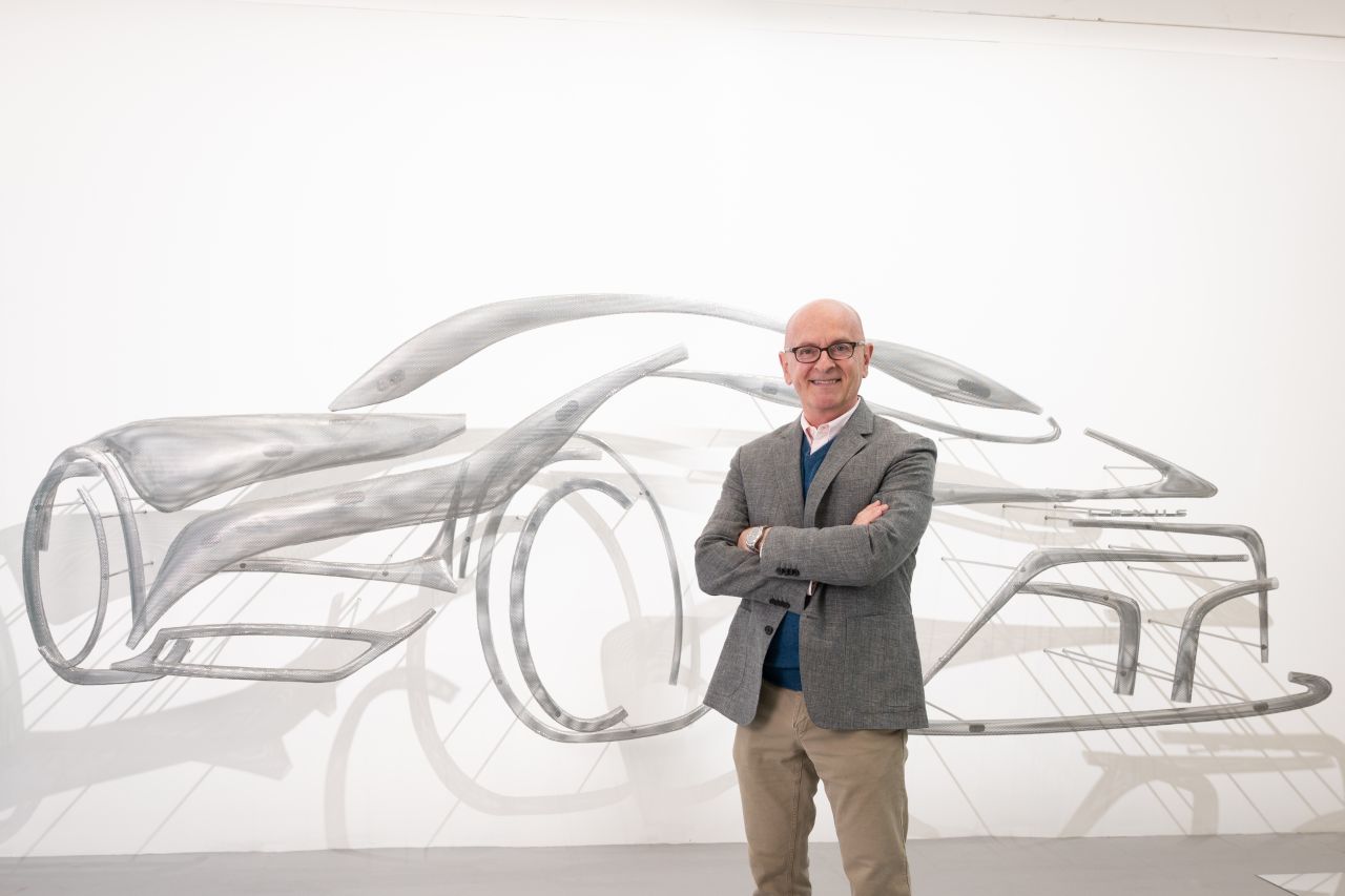 Brian in front of a new installation by Suchi Reddy, Shaped by Air, inspired by the Lexus Electrified Sport, on public view at Superstudio Più in Milan