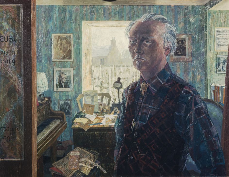 ‘Beyond Likeness’ Victoria Crowe (b. 1945) Ronald Stevenson, 1928 - 2015. Composer and pianist, 1983 Oil on hardboard, 71.20 x 91.40 cm Collection: National Galleries of Scotland, purchased 1983 © Victoria Crowe