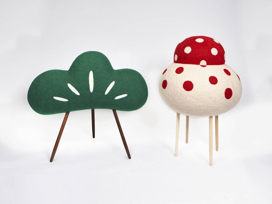 Matsuno-ki Yokai (animated pine tree), 2021 [left] Wool on EPS form, walnut wood (H) 33.5 inches x (W) 37.5 inches x (D) 18 inches  Kagami-mochi yokai (animated mirror sticky rice cakes), 2021 [right] Wool on EPS form, maple wood (H) 37 inches x (D) 25 inches  Courtesy of Artist