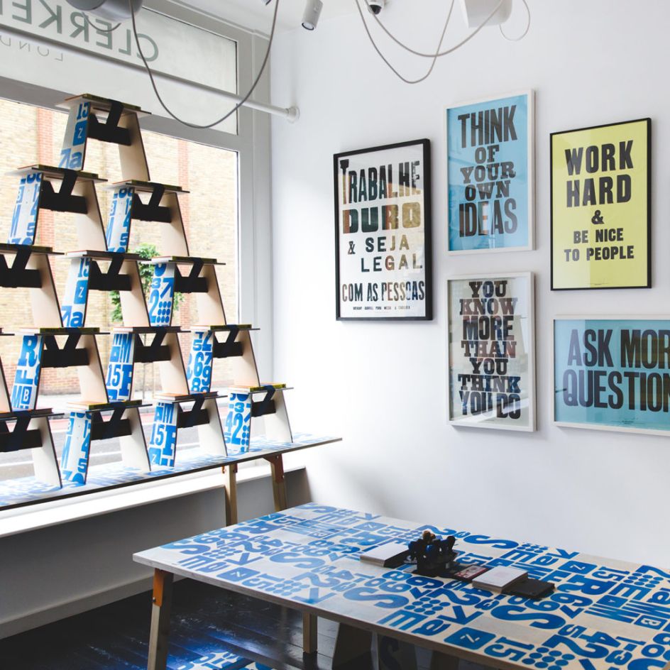 A collection of screen-printed furniture and type-inspired wall clocks, in collaboration with Michael Marriott. Photography by Dunja Opalko