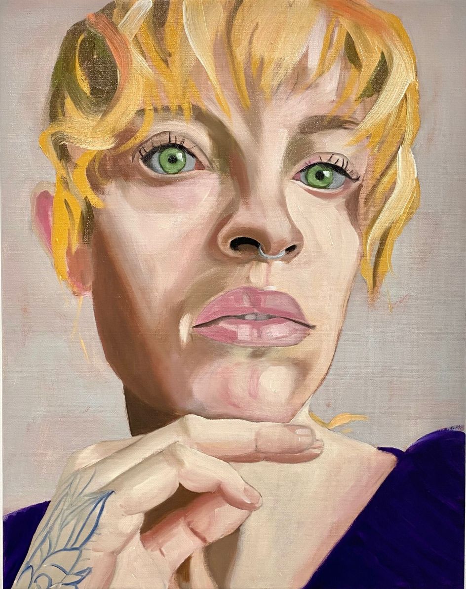 Woman with a Tatooed Hand, oil on linen, 2020 © Paul Gervais