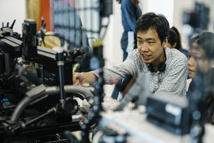 Song-Ming Ang at the filming of Recorder Rewrite. Photo courtesy of Dylon Goh for National Arts Council Singapore