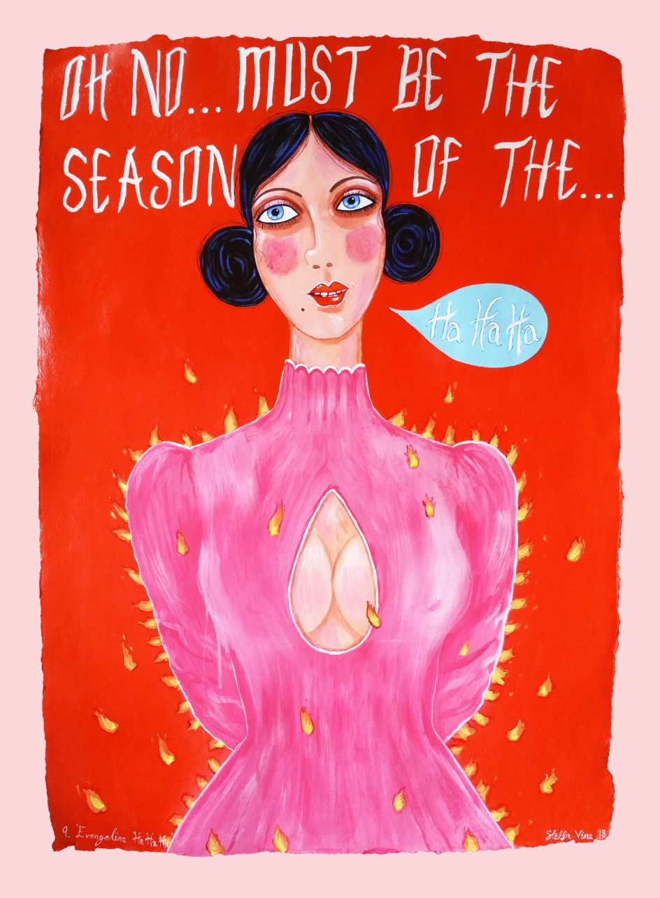 ‘Evangeline Ha Ha Ha’, 56cm x 76cm, acrylic on hand-made paper, 2018 © Stella Vine