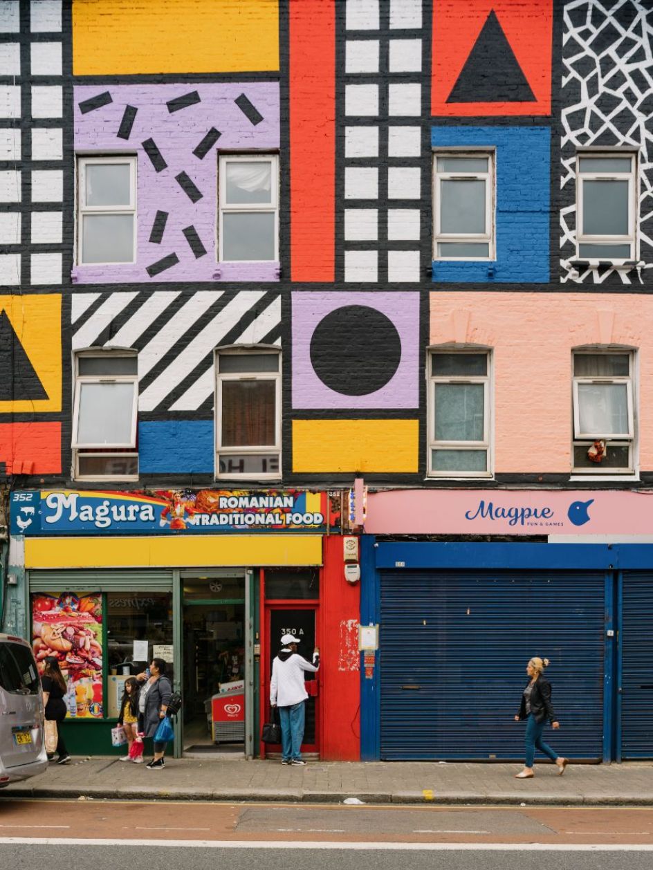 Walala Parade by Camille Walala in Leyton. Commissioned by Wood Street Walls. Photography by Tim Crocker