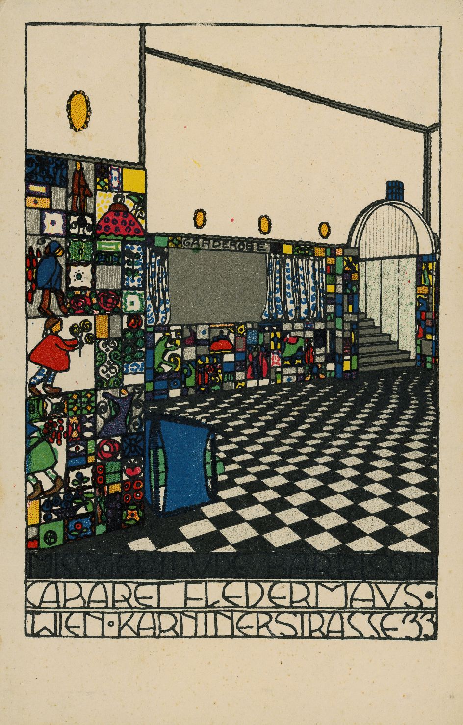 Josef Hoffmann Kabarett Fledermaus Postkarte (Cabaret Fledermaus Postcard), Wiener Werkstätte, Nr. 74., 1907 Lithograph Theatermuseum, Vienna