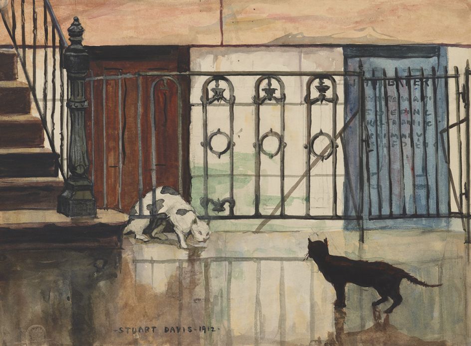 Two Cats, 1912. Stuart Davis, American, 1892 1964. Watercolor over graphite on wove paper, Sheet: 10 3/4 x 14 3/4 inches. Philadelphia Museum of Art, Gift of Carl Zigrosser, 1953, 1953-64-2, © Estate of Stuart Davis. Licensed by VAGA, New York