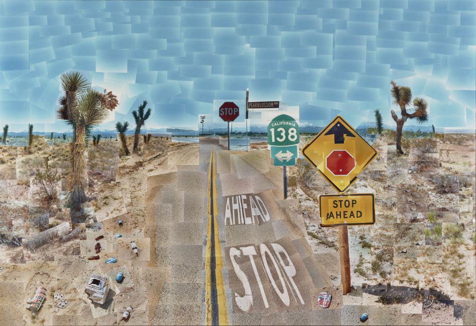 David Hockney Pearblossom Hwy., 11 - 18th April 1986, #2, April 11-18, 1986 Chromogenic prints mounted on paper honeycomb panel 181.6 × 271.8 cm (71 1/2 × 107 in.) The J. Paul Getty Museum, Los Angeles © 1986 David Hockney