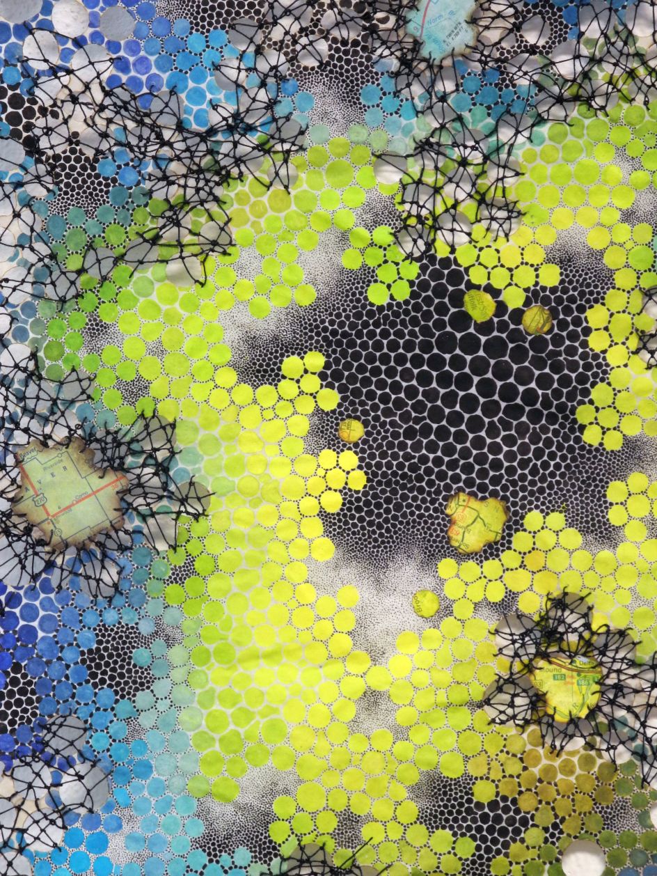 Vestigial Karen Margolis Vestigial, 2017 watercolor, gouache, maps, thread on Abaca paper 24”x18” Courtesy of the artist and Garis & Hahn