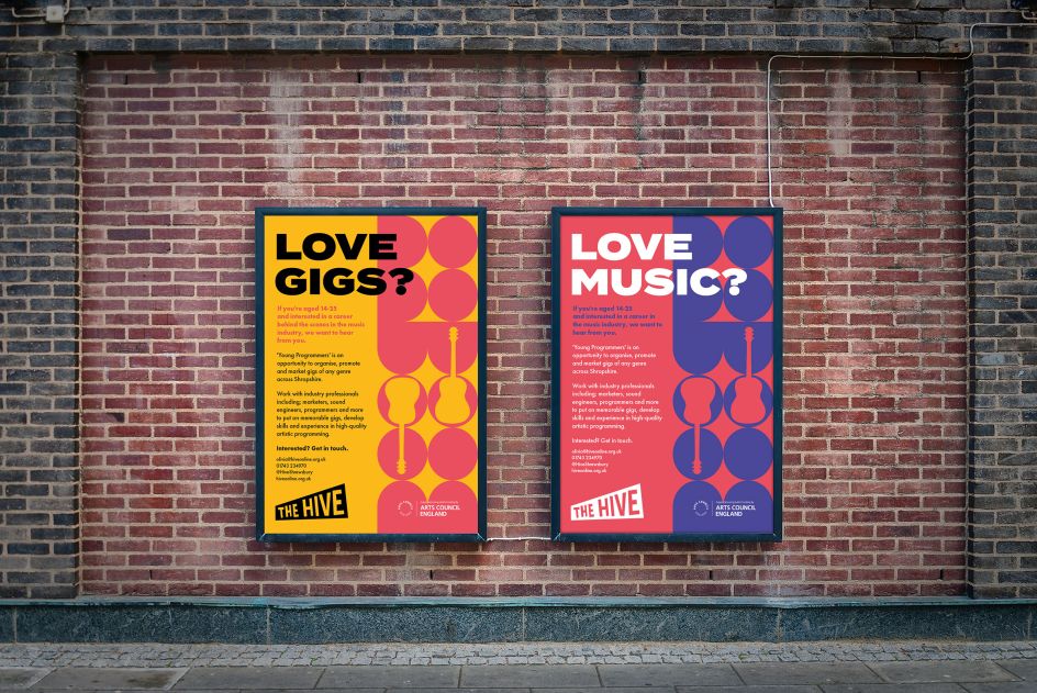 Poster designs to help recruit participants for a music project being run by Shrewsbury based arts organisation, The Hive.