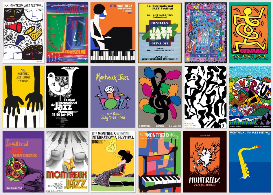 Vintage posters for the Montreux Jazz Festival. Image licensed via Adobe Stock. Photo credit: BOOCYS