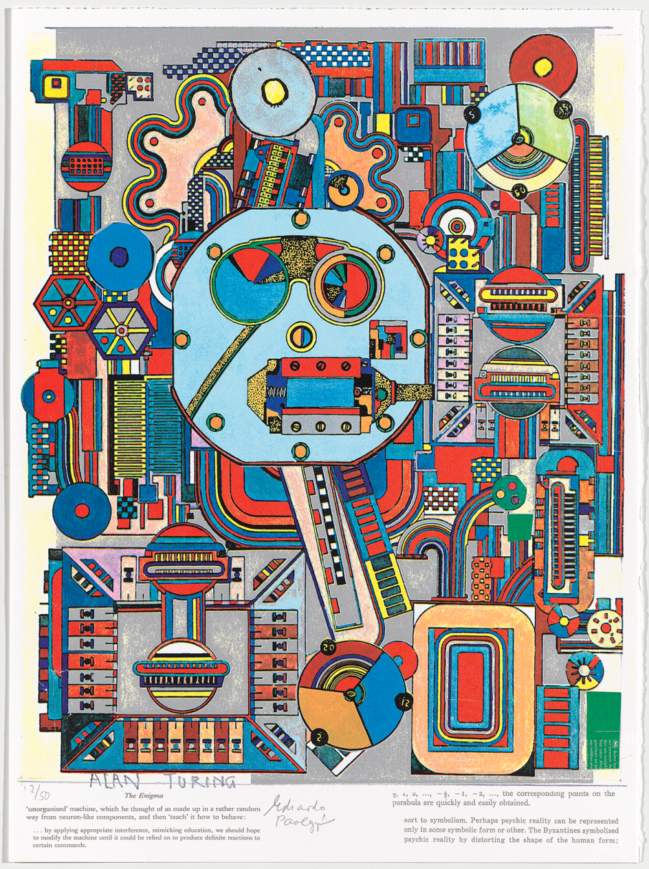 Eduardo PaolozziEnigma, Plate 3 from The Alan Turing Suite, 2003 Colour screenprint and photo-stencil with text, 72.5 × 54 cm. © Trustees of the Paolozzi Foundation, Licensed by DACS 2018. Collection: Kip Gresham.