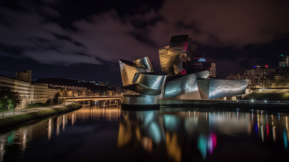 Image created by Interstate using MidJourney. The prompt was: Long exposure photo of bilbao guggenheim in the night (Gradient variation extrapolated from designed gradient)