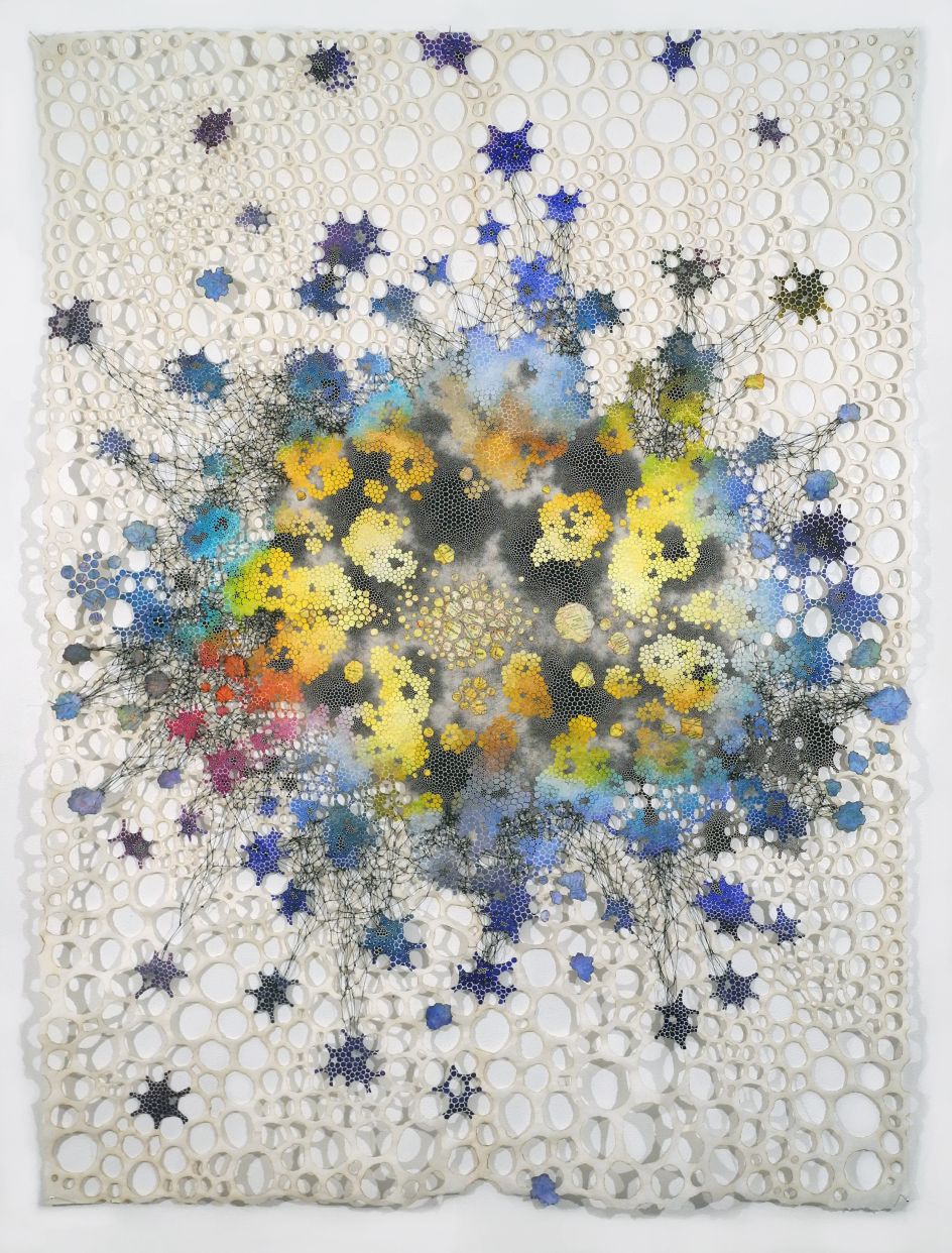 Extravasate Karen Margolis Extravaste, 2018 watercolor, gouache, maps, thread on Abaca paper 58”x 44” Courtesy of the artist and Garis & Hahn