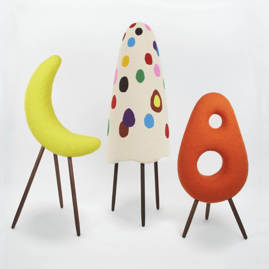 Mikazuki Yokai (animated crescent moon), 2021 [left] Wool on EPS form, walnut wood (H) 59 inches x (W) 31 inches x (D) 26 inches  Ittan momen (animated roll of cotton), 2021 [middle] Wool on EPS form, wenge wood (H) 72 inches x (D) 24 inches  Gobo Obake (possessed burdock roots ghost), 2021 [right] Wool on EPS form, walnut wood (H) 47 inches x (W) 23 inches x (D)17 inches Courtesy of Artist