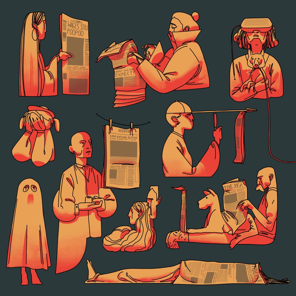 How to Consume the News - character illustrations riffing on the theme of how to consume the news creatively © Avalon Nuovo