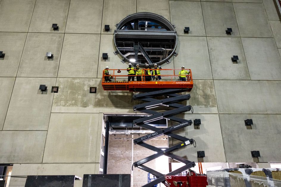 Composer Michael ‘Mikey J’ Asante MBE, designer Es Devlin, choreographer Kenrick ‘H2O’ Sandy MBE, and director, Danny Boyle at the construction site of Factory International, Manchester. Photo James Speakman / PA Wire