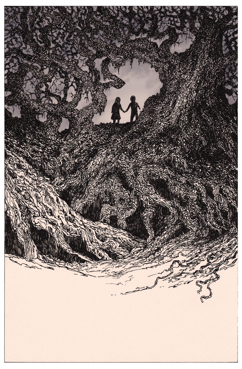 The finished cover and original artwork for The Haunted Wood