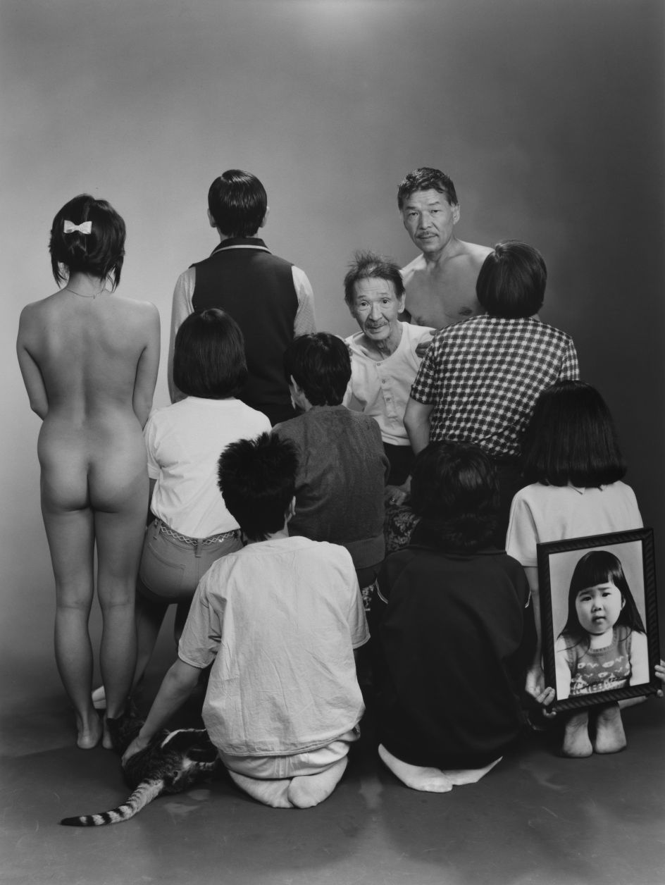 Masahisa Fukase – Upper row, from left to right: A, a model; Toshiteru, Sukezo, Masahisa. Middle row, from left to right: Akiko, Mitsue, Hisashi Daikoji. Bottom row, from left to right: Gaku, Kyoko, Kanako, and a memorial portrait of Miyako, 1985, from the series Family, 1971-90 © Masahisa Fukase Archives