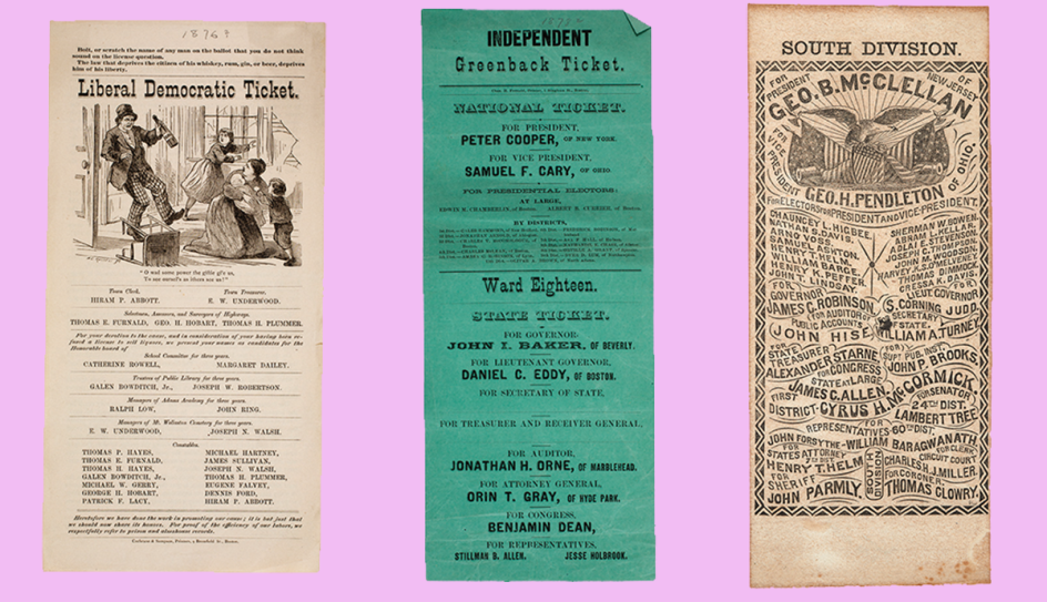L-R: Temperance ticket ballots, Greenback ballots, South Division ballots