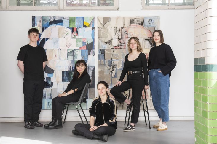 Students at Glasgow School of Art. Left to right: Billy Paterson (Communication Design Y3), Jihye Baek (MFA 2022), Fleur Connor (Painting and Printmaking 2022), Sophie Ammann, Leonie Hiller (Communication Design 2022)