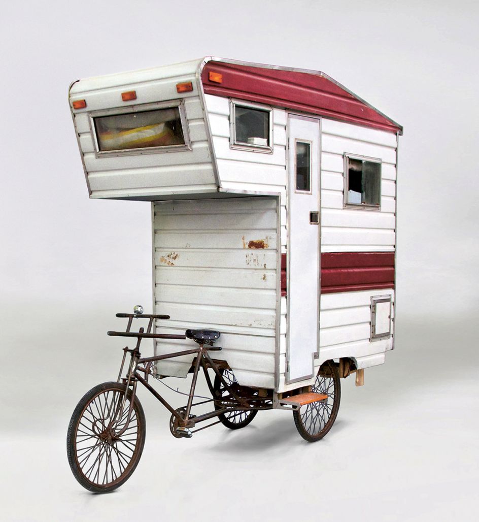 Camper Bike, Kevin Cyr, USA, 2008. Tricycle, corrugated aluminium, Plexiglas, plywood, timber. Picture credit: Kevin Cyr