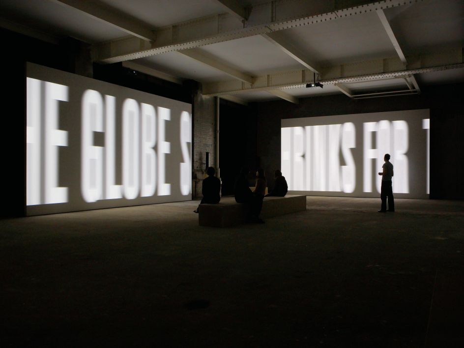 Barbara Kruger, The Globe Shrinks, 2010, four-channel video installation; color, sound; 12 min., 43 sec., courtesy of Sprüth Magers, installation views, Sprüth Magers, London, 2011, © Barbara Kruger, photo by Stephen White, courtesy of Sprüth Magers