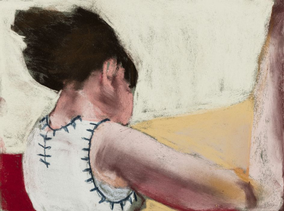 Chantal Joffe Esme Sewing III, 2016 Pastel on paper 37.8 x 47.6 x 3.8 cm 14 7/8 x 18 3/4 x 1 1/2 in © Chantal Joffe Courtesy the artist and Victoria Miro, London / Venice