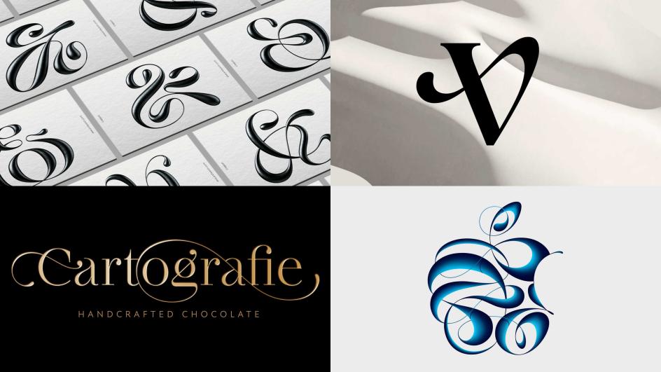 Dan’s custom logo work. Clockwise from top left: &Walsh Ampersands, commissioned by &Walsh. Very monogram, commissioned by Elmwood Global. Cartografie wordmark, commissioned by Studio Minerva. Apple logo illustration, commissioned by Apple Inc.