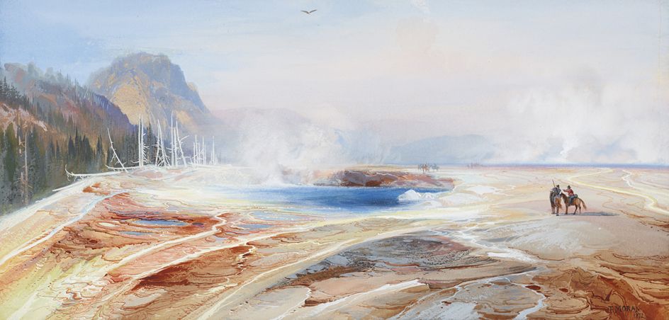 Big Springs in Yellowstone Park, 1872. Thomas Moran, American (born England), 1837-1926. Watercolor and opaque watercolor on paper, 9 1/4 × 19 1/4 inches. Private Collection.