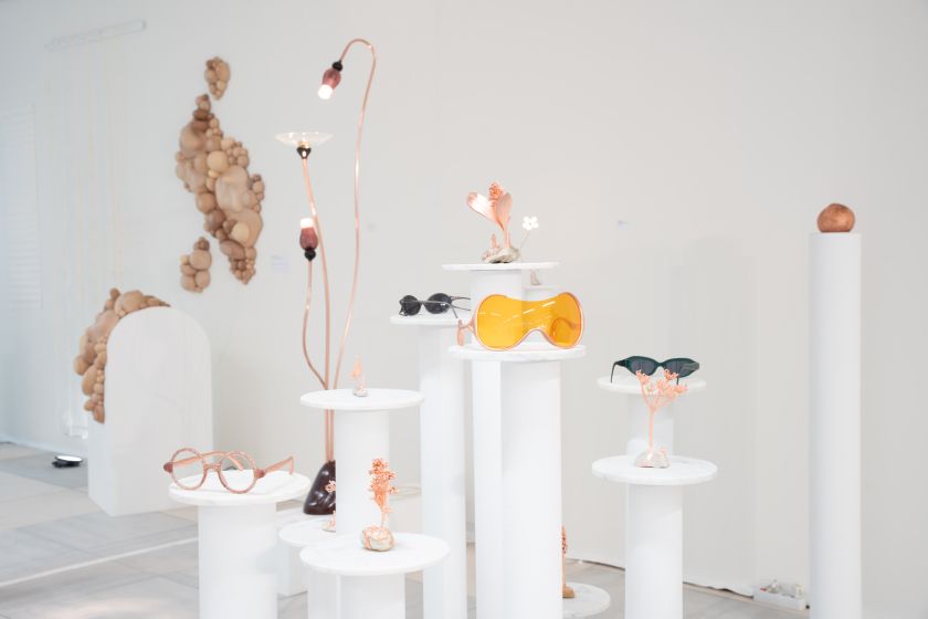 Glasses and copper flowers at Object Rotterdam