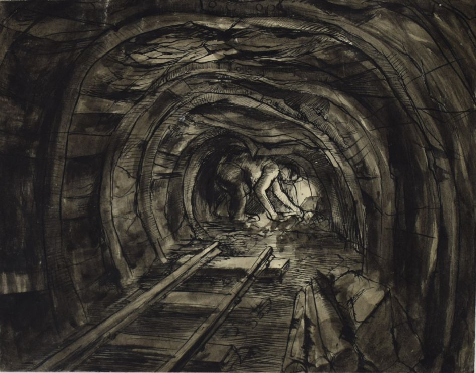 David McClure. Tunnel End with Miner. 1947. Pen and ink on paper. 207.5mm x 265mm. Photograph: Richard Hawkes. Copyright: The David McClure Estate. Courtesy of The Auckland Project.