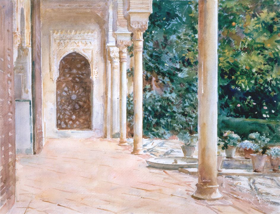 John Singer Sargent, Loggia, View at the Generalife, c. 1912, watercolour on paper, over preliminary pencil, 39.4 x 53.2 cm, Aberdeen Art Gallery & Museums Collections. Purchased in 1927, half the auction price met by Sir James Murray