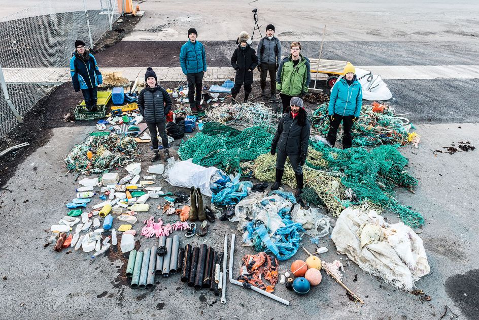Beach clean - Timelapse film and installation with collected marine plastic debris frozen in filtered Arctic seawater and an atmospheric deposition sample bottle containing filtered Arctic seawater. Filmed in Longyearbyen, Svalbard on 17 October 2017