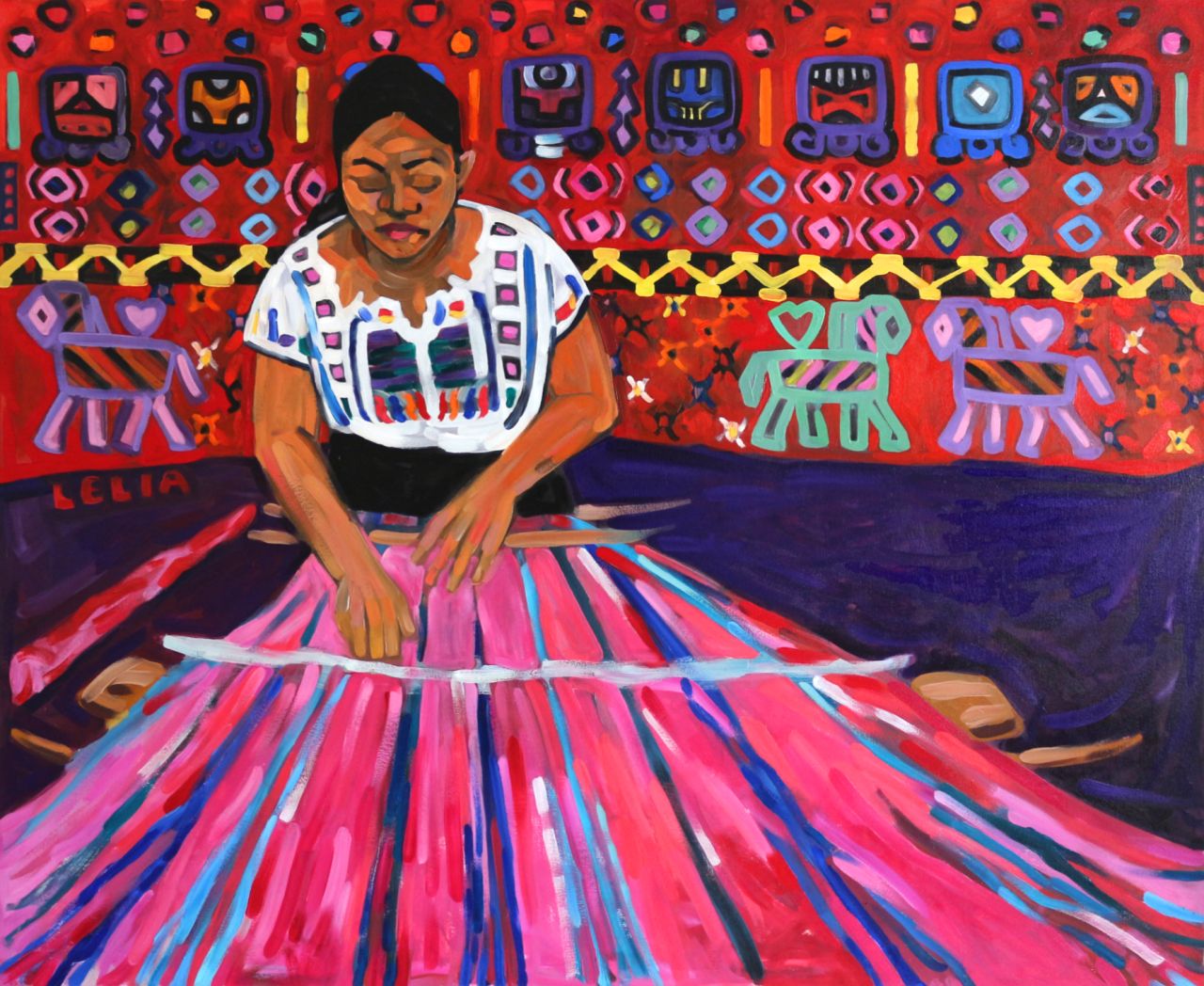 Olivia Weaving, by Lelia Byron, oil on canvas, 168 x 137 cm, 2017.