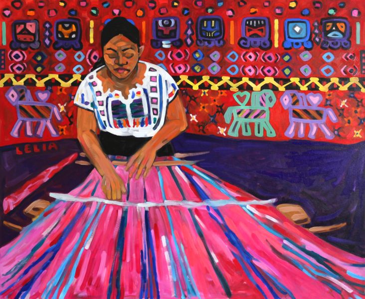 Olivia Weaving, by Lelia Byron, oil on canvas, 168 x 137 cm, 2017.