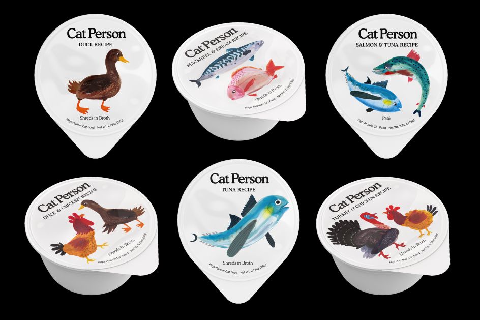 Wet food cups, with illustrations by Paul Davis