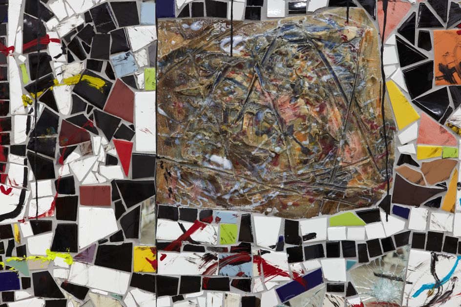 Rashid Johnson Broken Crowd (detail) 2020 Ceramic tile, mirror tile, spray enamel, oil stick, black soap, wax 294.6 x 491.5 x 7.6 cm Photo: Martin Parsekian